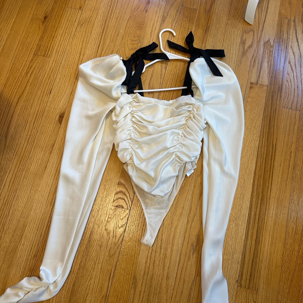 House of CB White Bodysuit with Black Bow Details